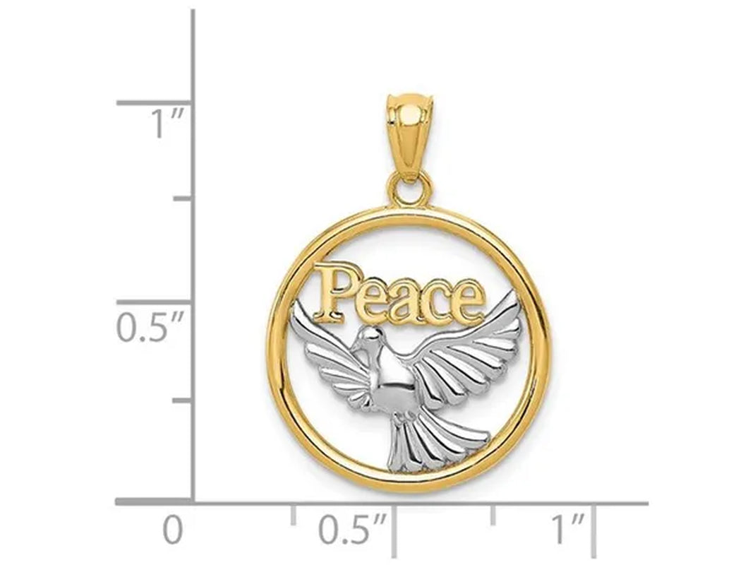 14K Yellow and White Gold Peace Dove Circle Charm Pendant Necklace with Chain
