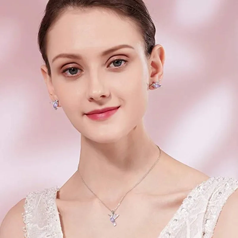 Hummingbird Silver Jewelry Set Women Pendant Necklace and Stud Earring Set CrystalsFine Animal Jewelry, Gift for Mothers Day