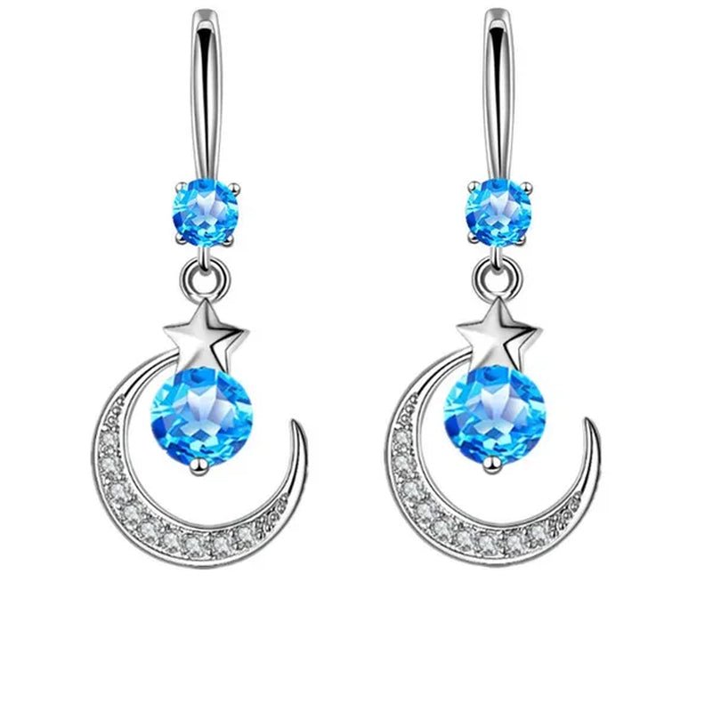 Female Fashion Star Moon Earrings Silver Plated Pink Blue White Cubic Zirconia Dangle Earrings Bride Wedding Engagement Anniversary Valentine's Day Gift Jewelry - WORLD TIME VISITS
