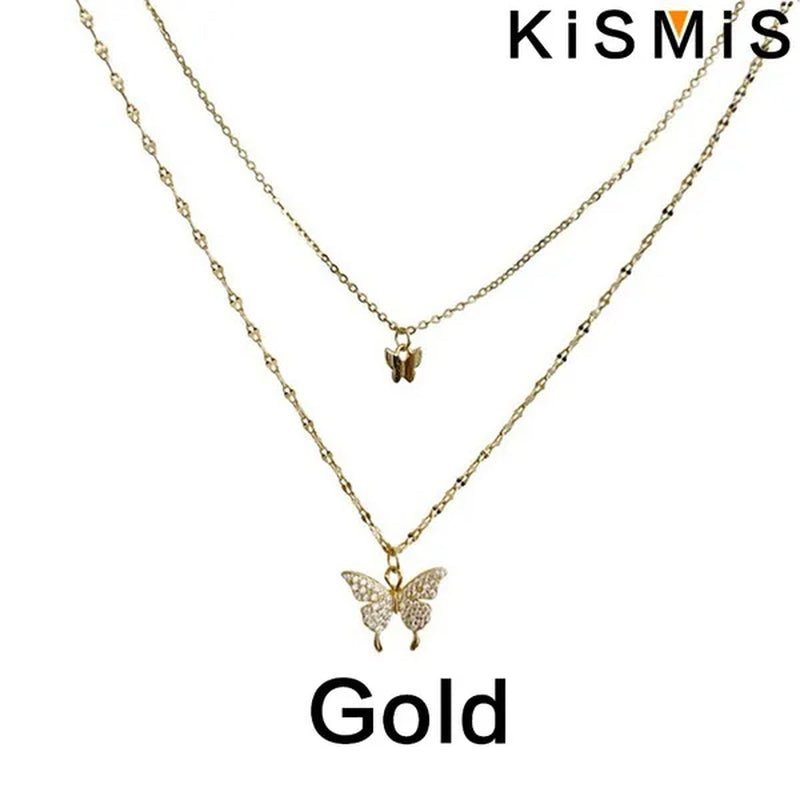 KISMIS 1 Pc/2 Pcs Exquisite and Creative Women's Diamond Necklace Butterfly Double Layer Necklace Shiny Diamond Ladies Clavicle Chain Elegant Charm Wedding Pendant Jewelry - WORLD TIME VISITS