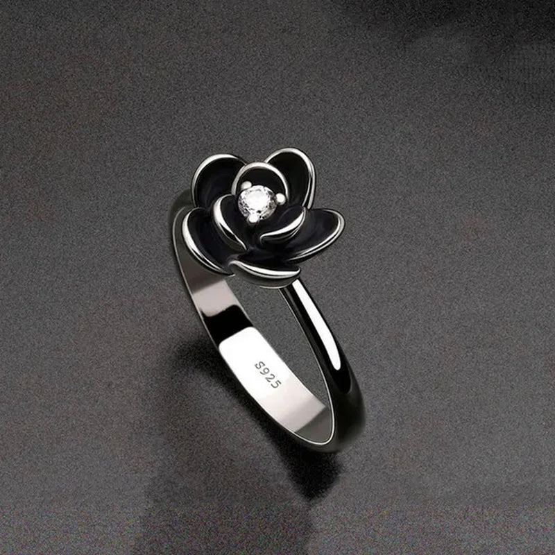 Simple Ladies Antique Silver Black Rose Flower Floral Ring for Women Female Wedding Engagement Party Jewelry Christmas Gift - WORLD TIME VISITS