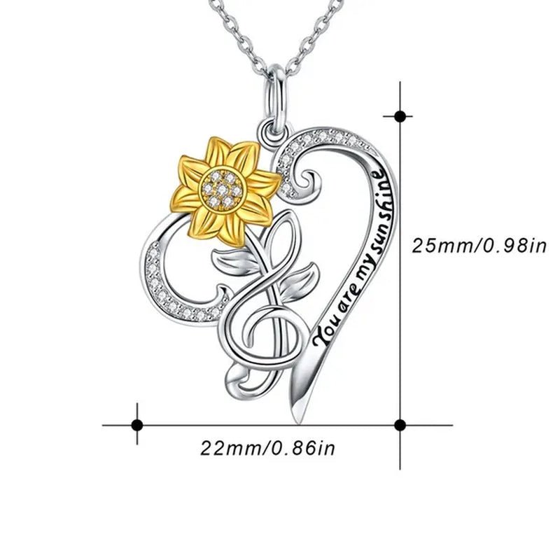 Sunflower Necklace 925 Sterling Silver - You are My Sunshine Sunflower CZ Heart Pendant Necklace Infinity Musical Note Flower Jewelry Gift for Women Lover Friends - WORLD TIME VISITS