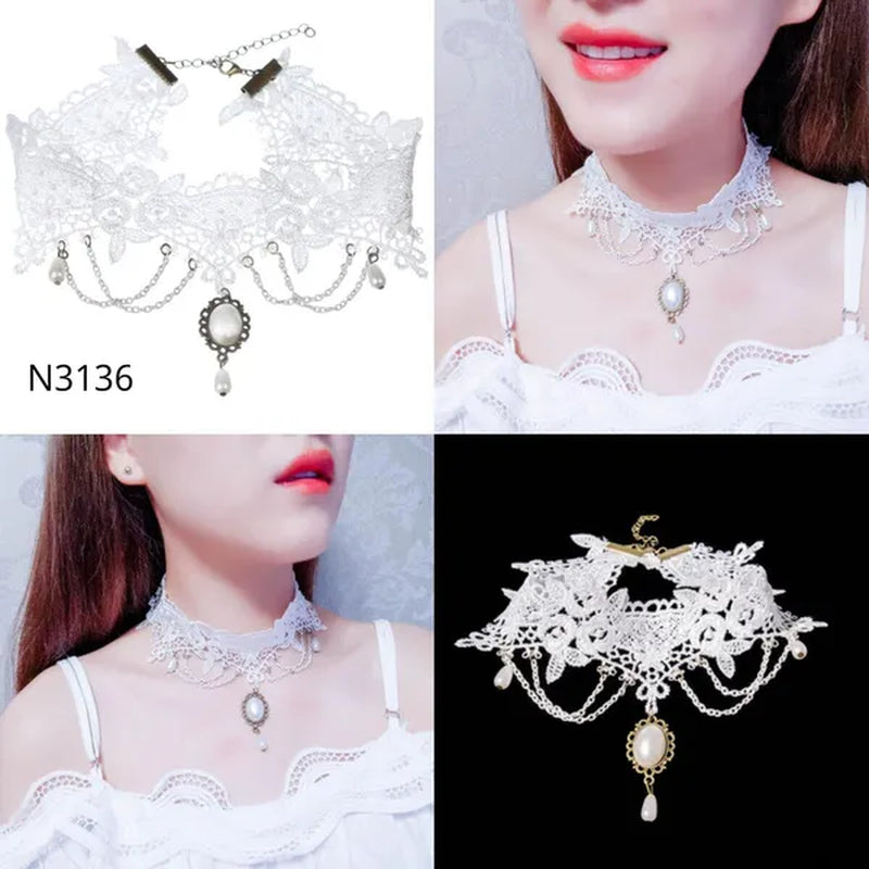 White Lace Necklace Chokers Black Collares Vintage Style Female Gothic Wedding Red Rose Crystal Diamond Pendant Collarbone Necklaces Chain Accessories for Women Girls - WORLD TIME VISITS