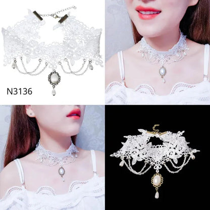 White Lace Necklace Chokers Black Collares Vintage Style Female Gothic Wedding Red Rose Crystal Diamond Pendant Collarbone Necklaces Chain Accessories for Women Girls