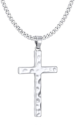 Cross Necklace for Men Boys - Hammered Cross Pendant with Cuban Chain Unique Crucifix Necklaces Christmas Christian Religious Jewelry Gifts 22+2 Inches