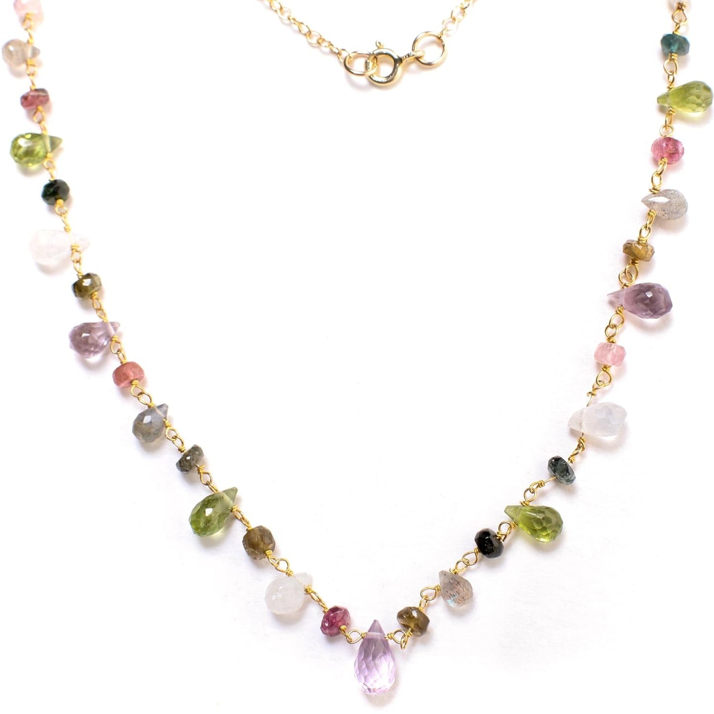 Multi Gemstones Necklace Wire Wrapped Faceted Peridot, Moonstone, Amethyst, Labradorite, Pink Tourmaline, Prehnite Briolette Drop 4X6-5X9Mm,Rondelle in 14K Gold Filled Chain & Clasp Necklace (18")