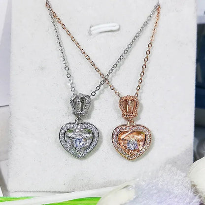 Fashion Cute Silver Plated Heart Shaped Crown Diamond Pendant Necklace for Women Wedding Engagement Rose Gold Clavicle Jewelry Gift