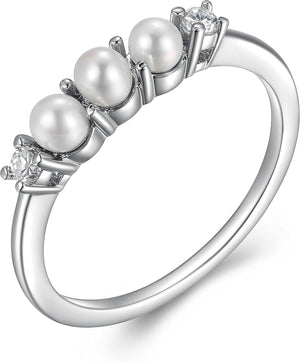 Rhodium Plated Sterling Silver Freshwater Cultured Pearl and Cubic Zirconia Ring for Women
