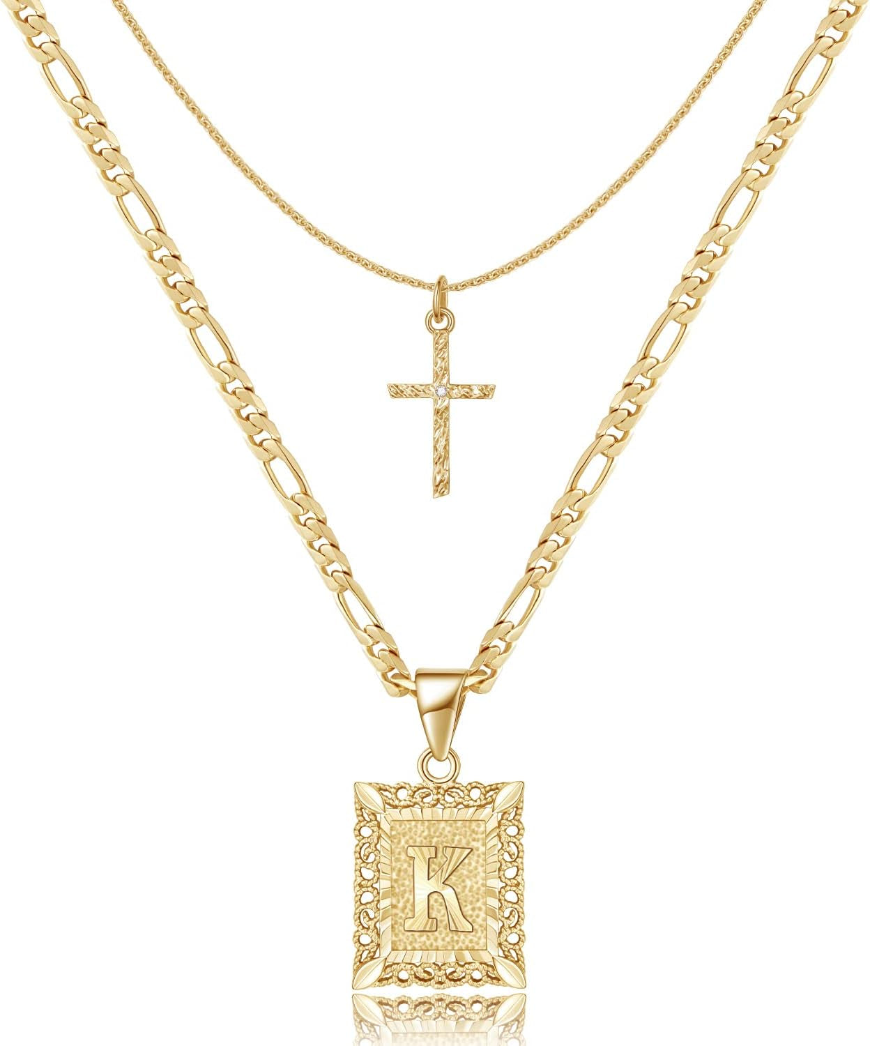 Gold Layered Initial Cross Necklace, 14K Gold Plated Layering Square Letter Pendant Figaro Chain Cross Choker from A-Z Capital Jewelry for Women Girls