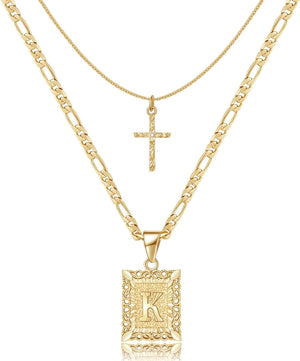 Gold Layered Initial Cross Necklace, 14K Gold Plated Layering Square Letter Pendant Figaro Chain Cross Choker from A-Z Capital Jewelry for Women Girls