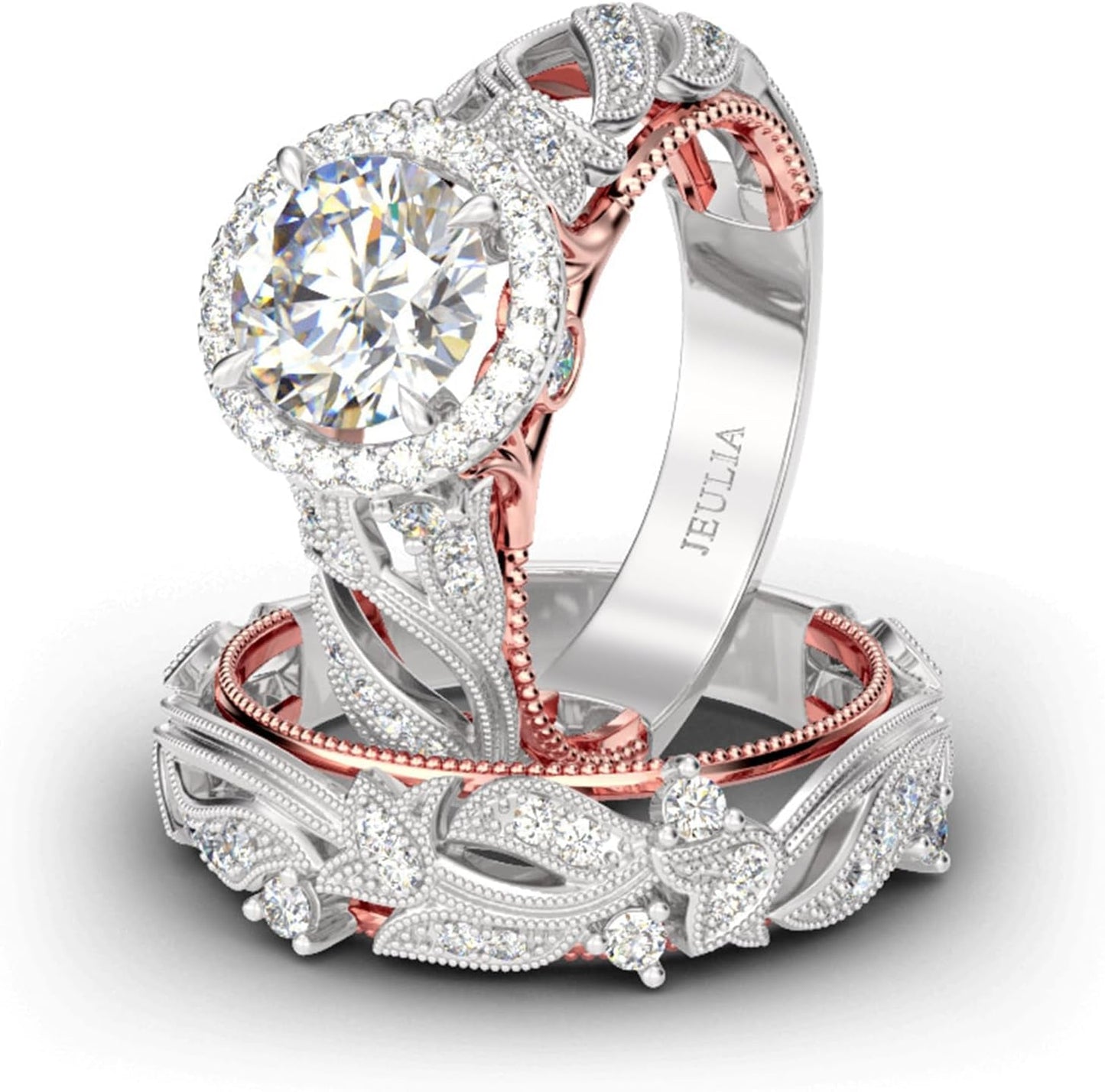 4 Carat Openwork Ring Sets for Women 925 Sterling Silver Wedding Sets Rose Gold round Cut Halo Engagement Ring White Diamond Band CZ Solitaire Anniversary Promise Rings