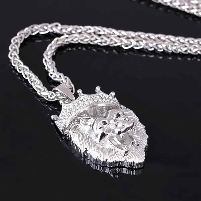 Titanium Steel Diamond Crown Lion Head Necklace Hip Hop Luminous Necklace Men's Gold-plated Punk Party Pendant Necklace