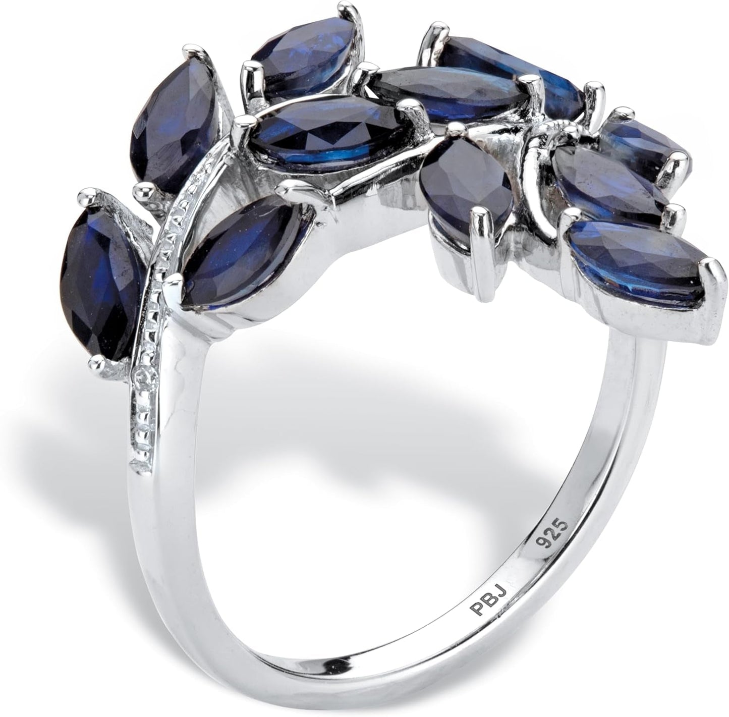 Platinum over Sterling Silver Marquise Cut Genuine Blue Sapphire and Diamond Accent Leaf Ring
