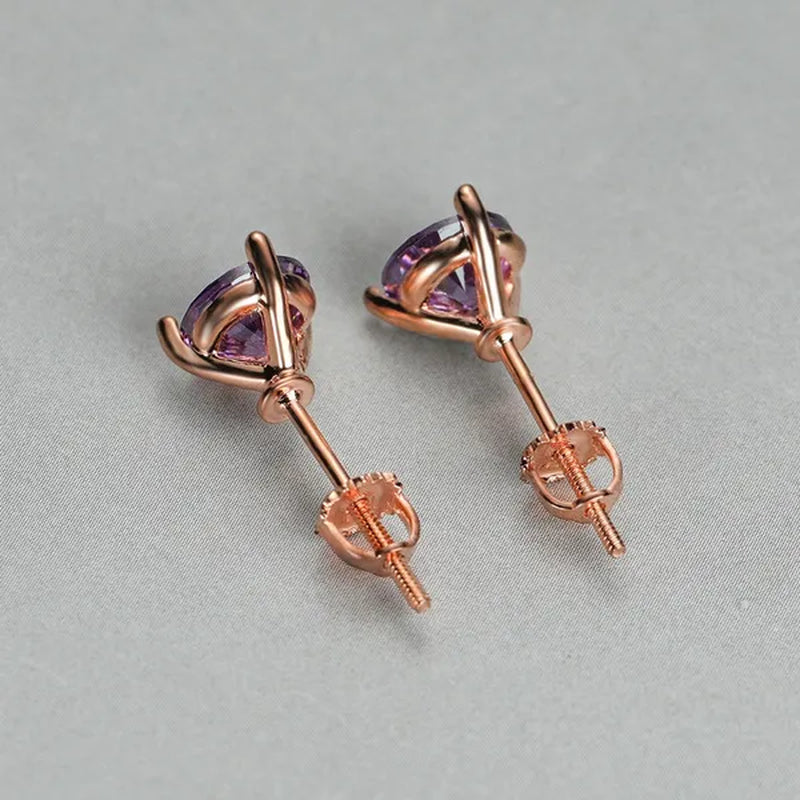 Chic 18K Gold Three-Prong Martini round Amethyst Stud Earrings Bride Wedding Engagement Jewelry Gifts 6Mm/7Mm/8Mm