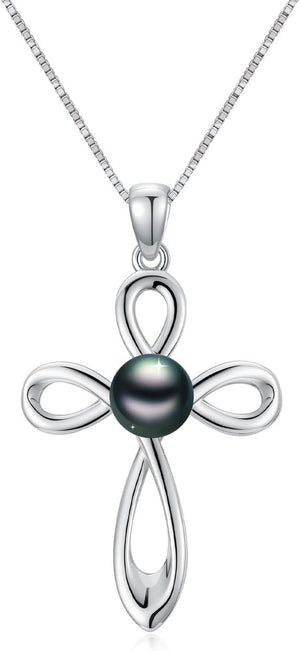 Tahitian Black Pearl AAAA 18K White Gold Plated Sterling Silver Religious Cross Pendant Necklace for Women Wife Mom Girlfriend Her Jewelry Gift for Anniversary Birthday