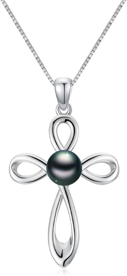 Tahitian Black Pearl AAAA 18K White Gold Plated Sterling Silver Religious Cross Pendant Necklace for Women Wife Mom Girlfriend Her Jewelry Gift for Anniversary Birthday