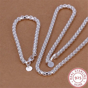 925 Silver Beautiful round Box Chain Necklace Bracelet for Woman Men Fashion Wedding Party Bridal Jewelry Set