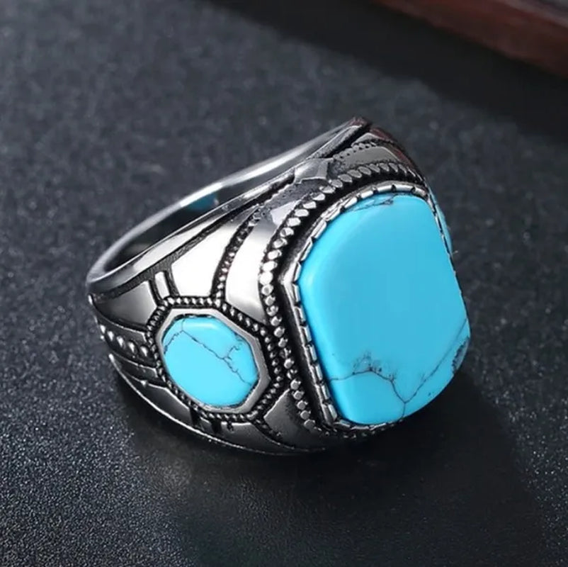 Punk Rock Vintage Classic Blue Cube Turquoise Ring Titanium Steel Retro Fine Rings for Men Boy Cool Jewelry Fashion Accessories