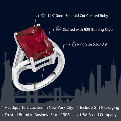925 Sterling Silver Created Ruby Solitaire Ring for Women (8.00 Cttw, Emerald Cut 14X10MM, Available in Size 5, 6, 7, 8, 9)