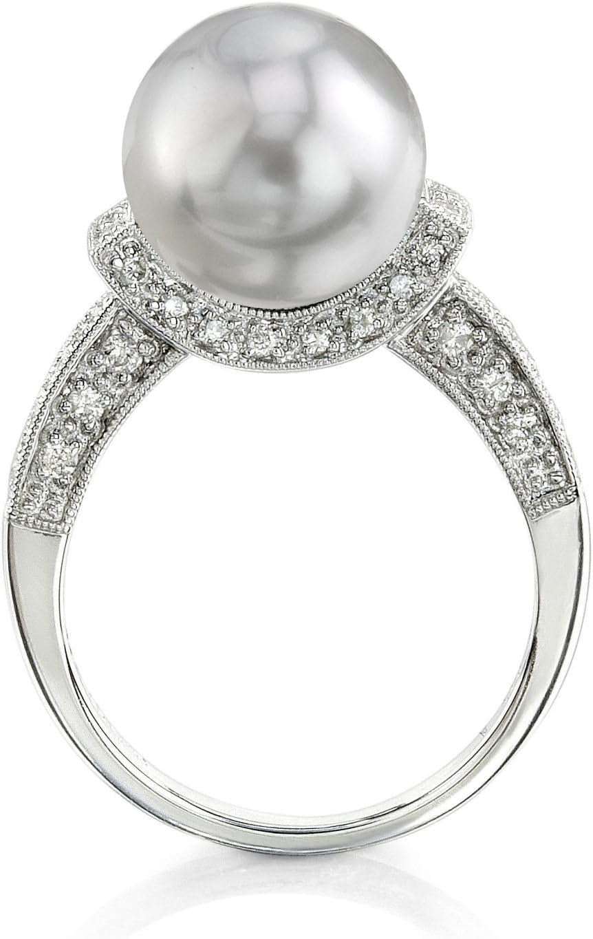 18K Gold 10-11Mm round Genuine White South Sea Cultured Pearl & Diamond Ring for Women
