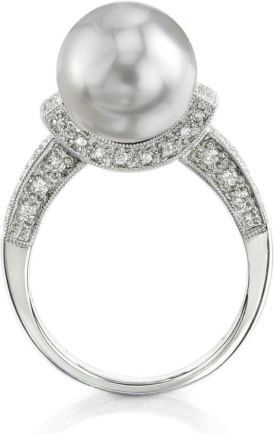 18K Gold 10-11Mm round Genuine White South Sea Cultured Pearl & Diamond Ring for Women