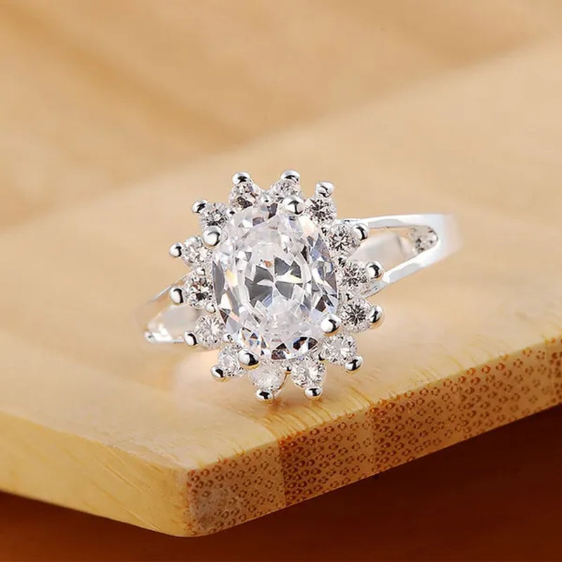 NEW 925 Sterling Silver Shiny Crystal Flower Rings for Women Fashion Wedding Party Gifts Girl Student Charm Jewelry