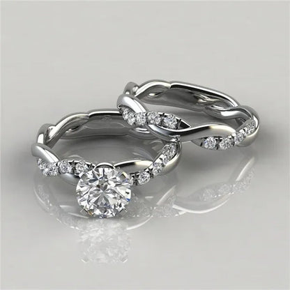 Women's Dainty  Twist Round Cut White Sapphire Ring Set Bridal Engagement Diamond Ring Wedding Band Anniversary Gift Banquet Party Jewelry Ring Size 5-11 - WORLD TIME VISITS