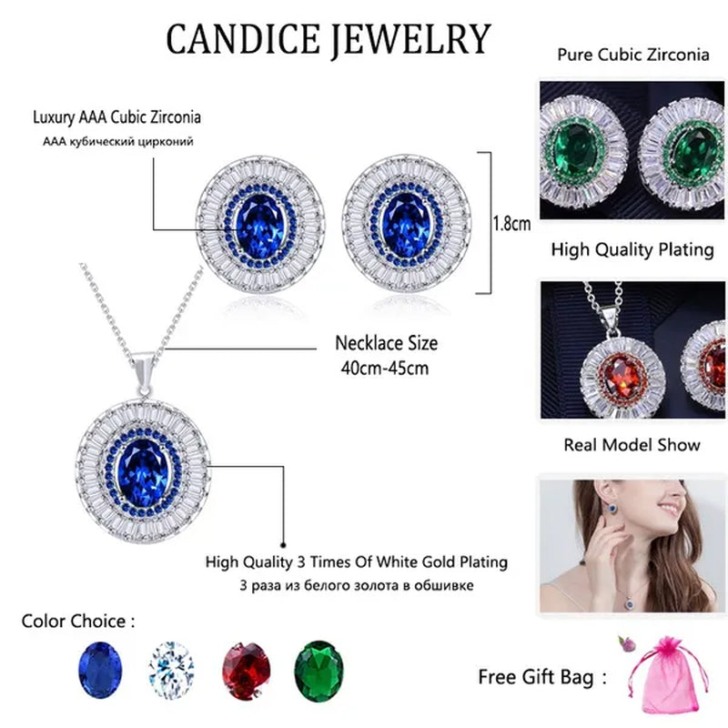 CANDICE Classic round Blue CZ Stone Party Jewelry Sets for Women Elegant Blue Cubic Zirconia Stud Earrings and Necklace 2 Piece Set