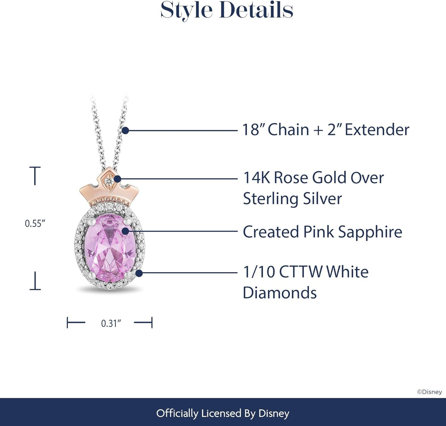 Enchanted Disney Fine Jewelry 14K Rose Gold over Sterling Silver 8X6 MM Oval Shape Created Pink Sapphire, 1/10 CTTW Natural White round Diamond Aurora Pendant Necklace, 18" Cable Chain