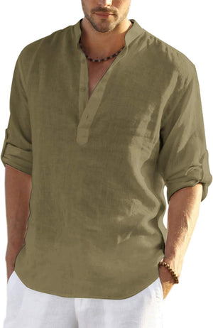 Men'S Cotton Linen Henley T-Shirts Long Sleeve Hippie Casual Beach T-Shirts