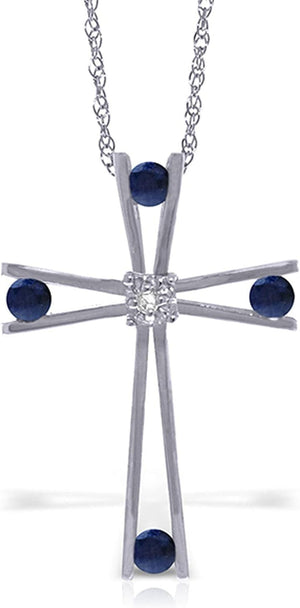 14K Solid White Gold Cross with Natural Diamond and Natural Sapphires Necklace