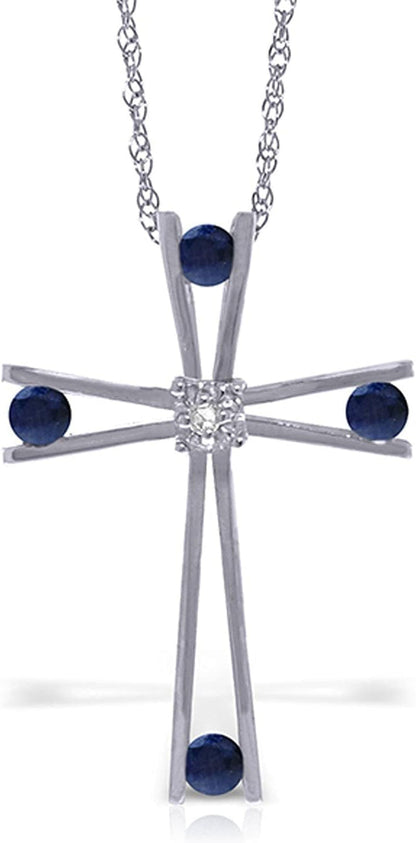 14K Solid White Gold Cross with Natural Diamond and Natural Sapphires Necklace