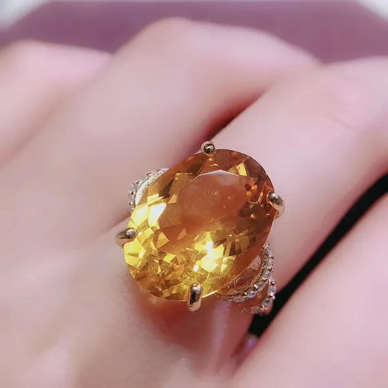 Colife Jewelry 100% Natural Citrine Ring 12*16Mm Natural Citrine Silver Ring Big Size Gemstone Silver Ring Brithday Gift