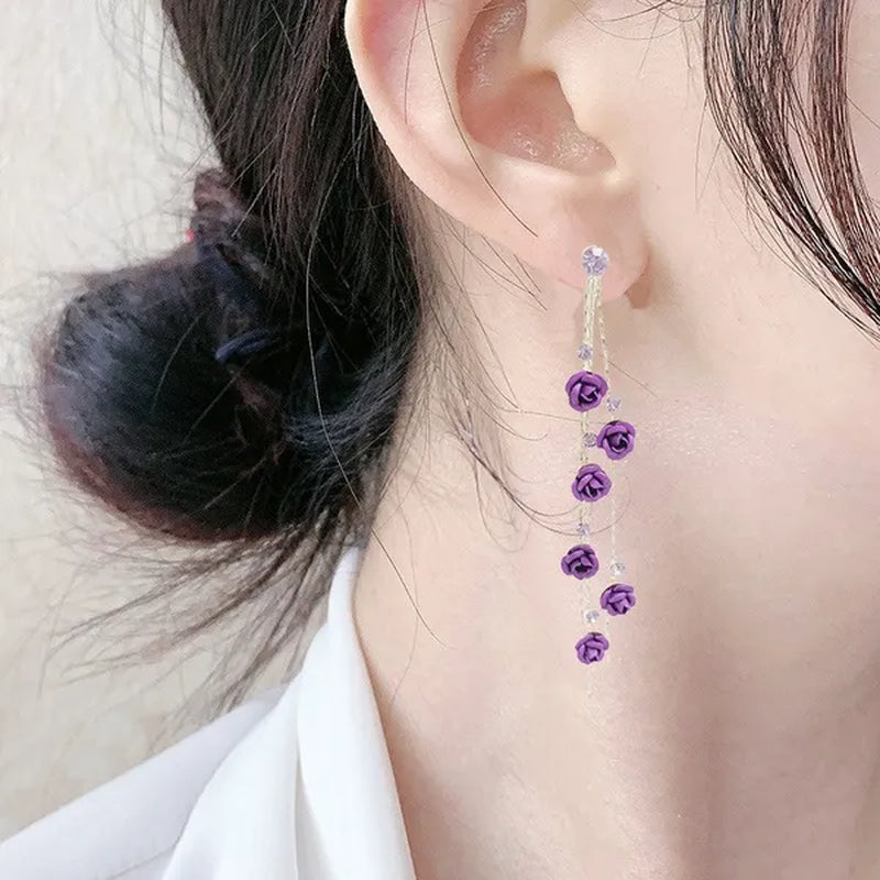 New Exquisite Women's Fashion S925 Silver Needle Diamond Rose Long Tassel Earring Jewelry Gift