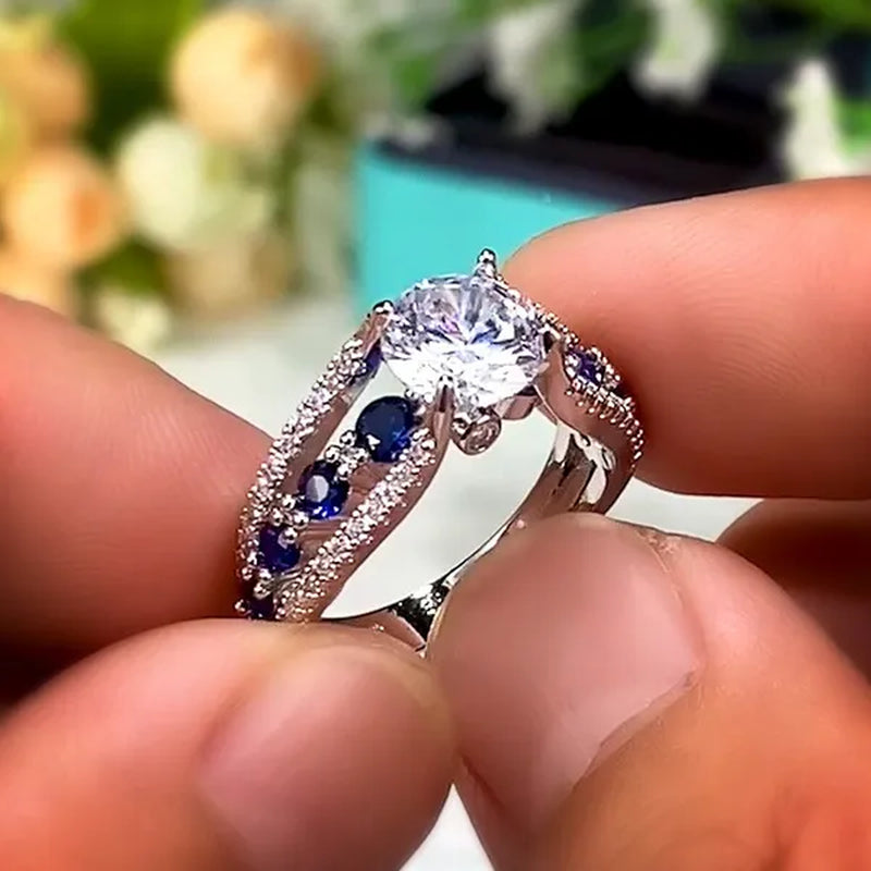 Hand Jewelry Creative Hollow Sapphire Blue Zircon Ring Women's Luxury Banquet Engagement Jewelry