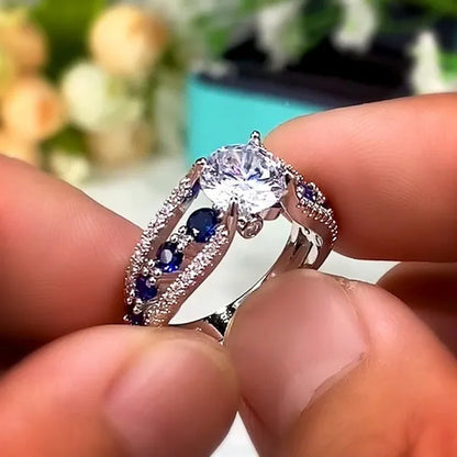 Hand Jewelry Creative Hollow Sapphire Blue Zircon Ring Women's Luxury Banquet Engagement Jewelry