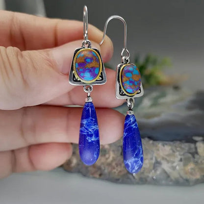 Exquisite Retro Bohemian Earrings Silver Plated Blue Stone Dangle Hook Earrings Bridal Wedding and Engagement Anniversary Gift Jewelry Earrings for Women - WORLD TIME VISITS