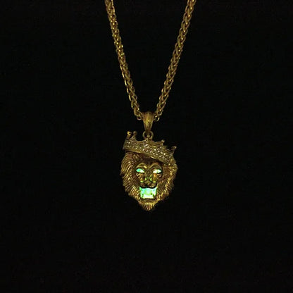 Titanium Steel Diamond Crown Lion Head Necklace Hip Hop Luminous Necklace Men's Gold-plated Punk Party Pendant Necklace