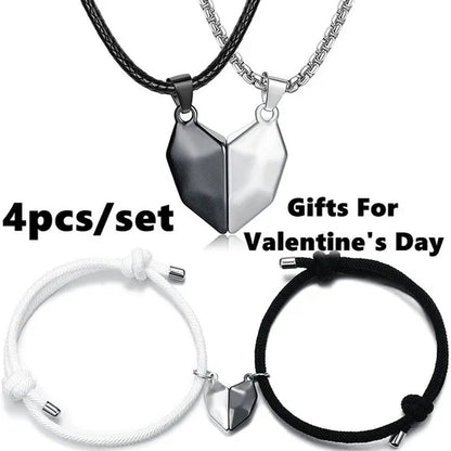 4Pcs/Set Two Souls One Heart Matching Necklaces Bracelets for Couples Creative Magnet Wishing Stone Necklaces Pandent Braided Rope Bracelets Mutual Attraction Friendship Couples Jewelry Gifts for Valentine'S Day