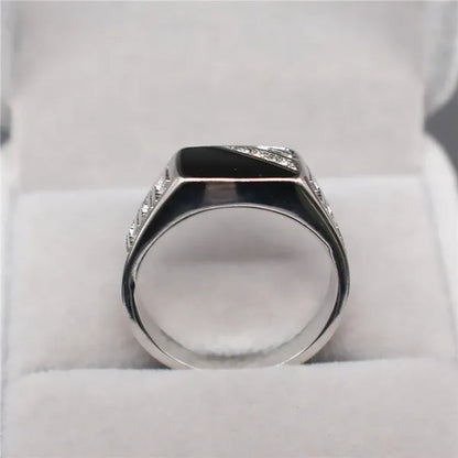 Fashion Male Jewelry Classic Gold Color White Sapphire Diamond CZ Wedding Ring Black Enamel Agate Rings For Men Christmas Party Gift Size 7 8 9 10 11 12