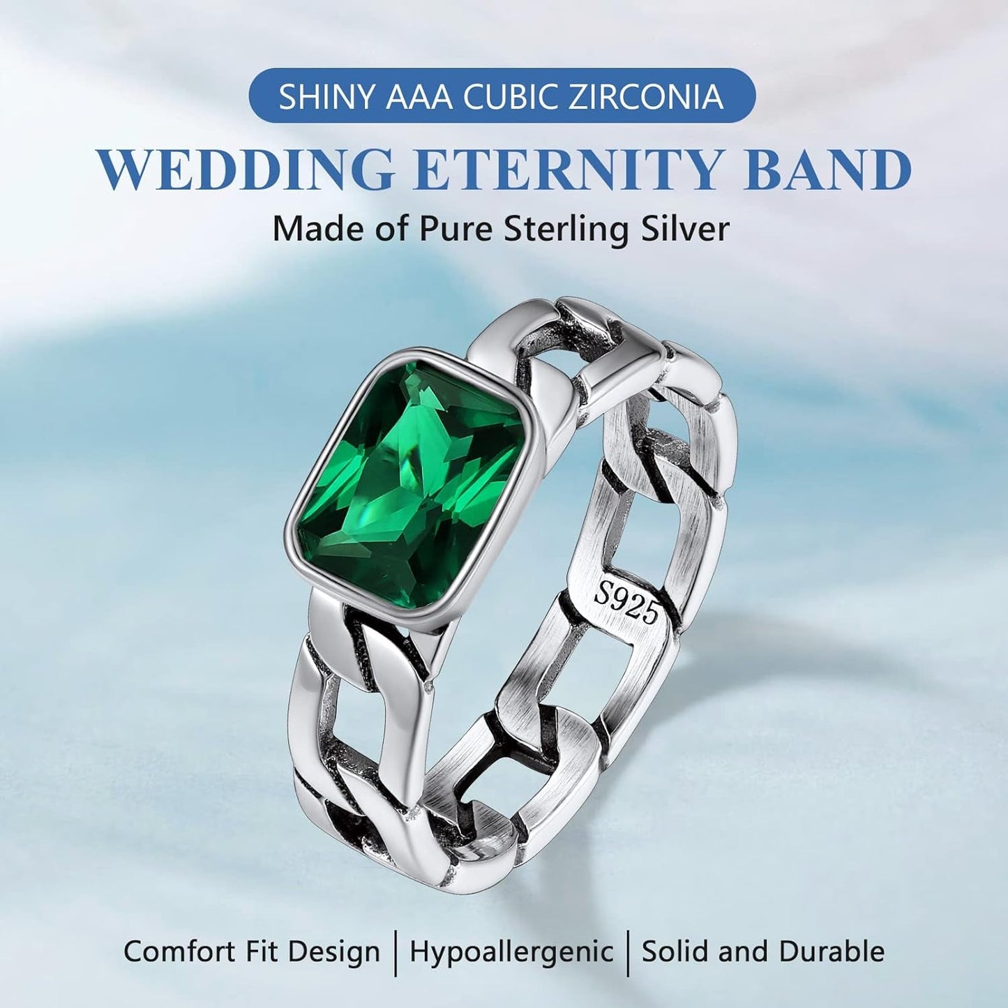 Cuban Link Chain Band Ring with CZ Sterling Silver Jewelry Wedding Engagement Gift with Delicate Packaging