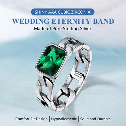 Cuban Link Chain Band Ring with CZ Sterling Silver Jewelry Wedding Engagement Gift with Delicate Packaging