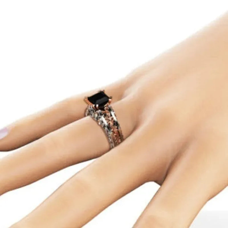 Antique 925 Sterling Silver Black Sapphire Diamond Floral Engagement Ring 18K Rose Gold Wedding Bridal Rings Size 5-10