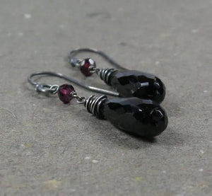 Black Spinel Earrings Pink Tourmaline Long Earrings