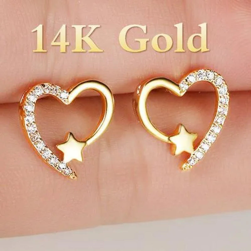 Gold  Love Heart Star White Sapphire Diamond Stud Earrings for Women Wedding Engagement Bride Jewelry Gift