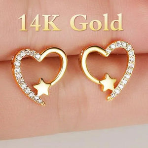 Gold Love Heart Star White Sapphire Diamond Stud Earrings for Women Wedding Engagement Bride Jewelry Gift
