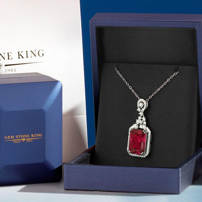 5.60 Cttw Red Created Ruby Pendant Necklace for Women | 925 Sterling Silver | Emerald Cut 14X10MM | with 18 Inch Silver Chain
