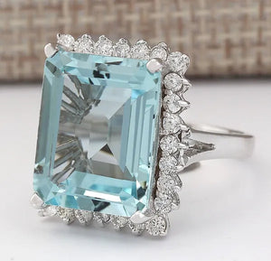 Fashion 9.36CT Natural Aquamarine 925 Sterling Silver Cocktail Ring Size 6-10