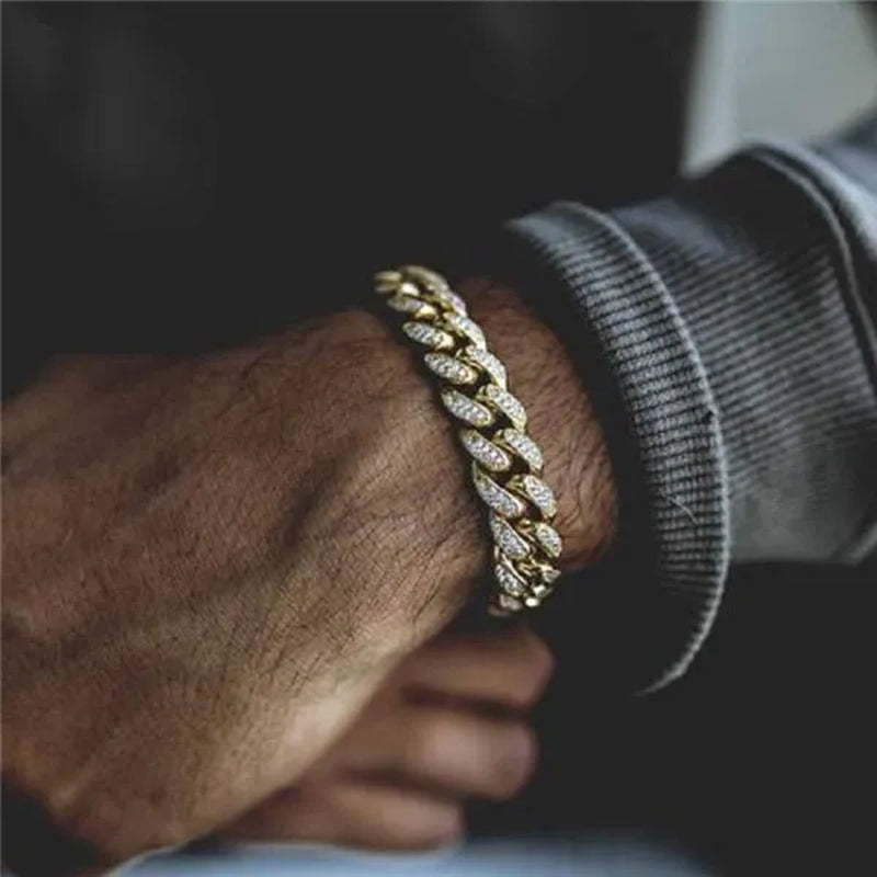 13MM  24K Gold/925 Silver Iced Out BlingBling Diamond Cuban Link Chain Miami Choker Necklace Bracelet Jewelry Set for Fashion Men and Women Hip Hop Jewelry - WORLD TIME VISITS