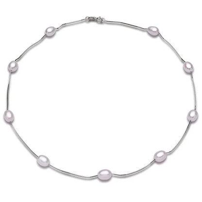Real 925 Sterling Silver Natural White Ellipse Freshwater Pearl Chain Necklace for Women Gifts FEIGE